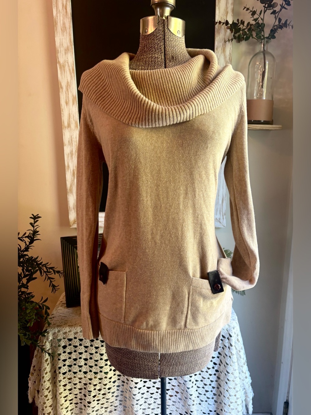 Jeanne Pierre Cozy Beige Cowl-Neck Women's Sweater Pockets Cotton Small